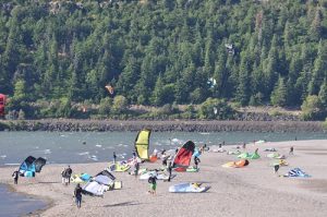 Kite boarders in the Columbia Gorge upriver from Hood River. Photo: John Roskelley